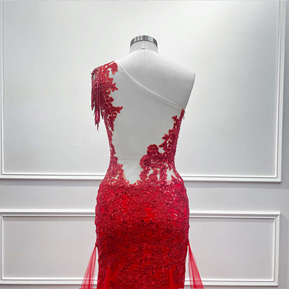 Red Charming Lace Evening Dreses One Shoulder Beading Sequined Mermaid Long Formal Prom Party Gowns Women Vestido De Fiesta