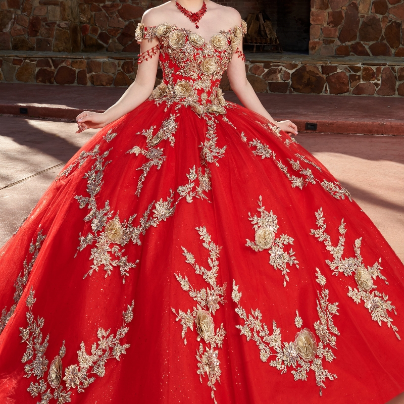 Red Shiny Princess Ball Gown Quinceanera Dresses Off The Shoulder Gold Applique Lace Beads Tull Sweet 16 Dress Vestido De 15 Anos