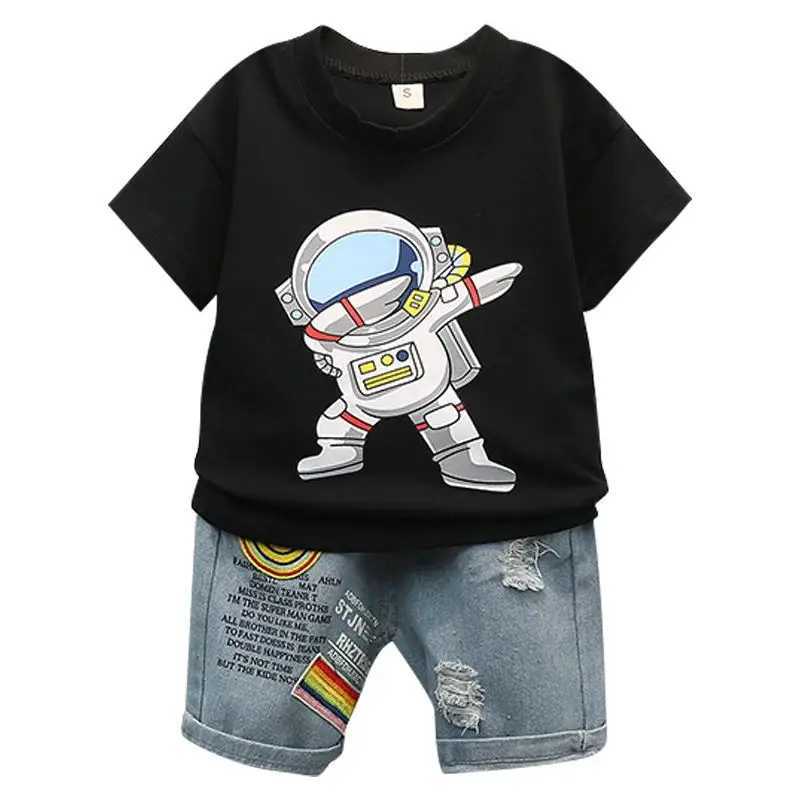 Summer new boy cartoon printed round neck T-shirt casual sports jeans short sleeved set 0-5 years old pure cotton baby set W240824
