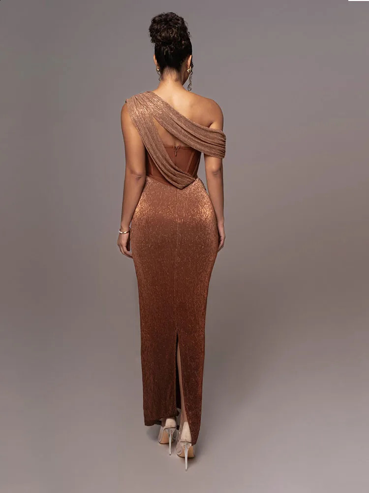 Sexy single shoulder strap sparkling long skirt womens brown tight corset sparkling backless Maxi dress evening dress party dress 240904