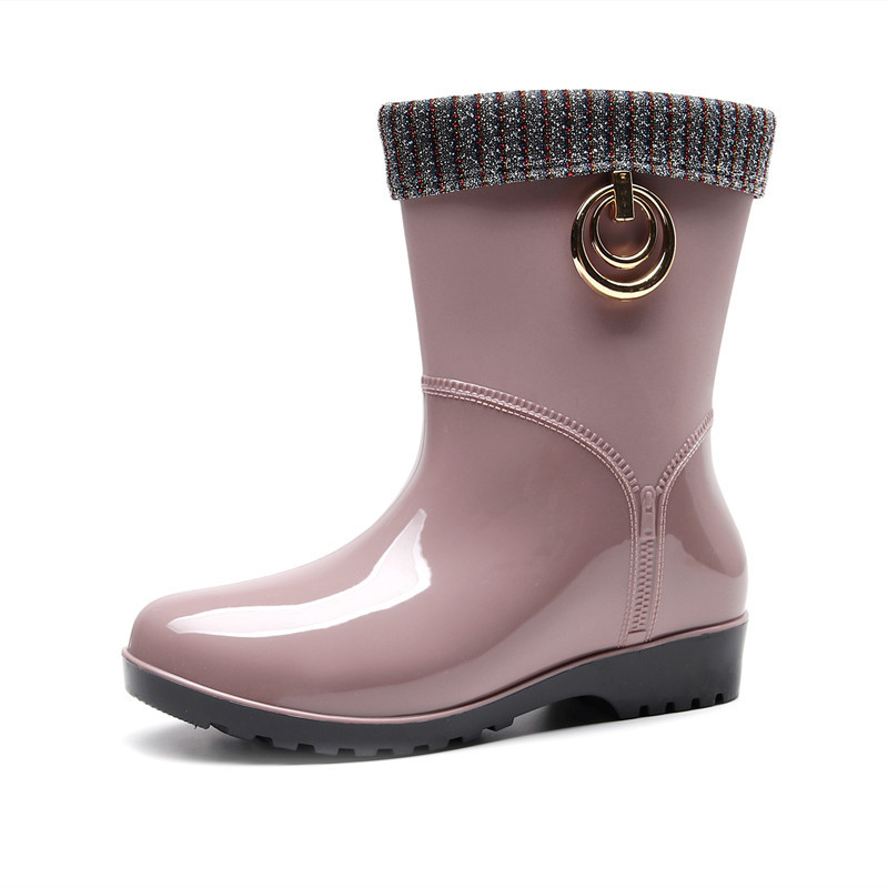 Lady New Women PVC Fur Warm Rain Boots Solid Short Tube Low Heel Female Shoes Adult Waterproof Jelly Rubber Boots Candy Color7jk