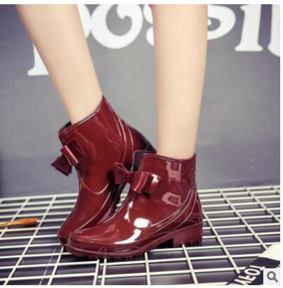 Bowtie 2021 Ankle Rain Boots Women Flat Heels Non-slip Glossy Rainboots Waterproof PVC Woman Water Shoes Wellies tyh789 68fa boots