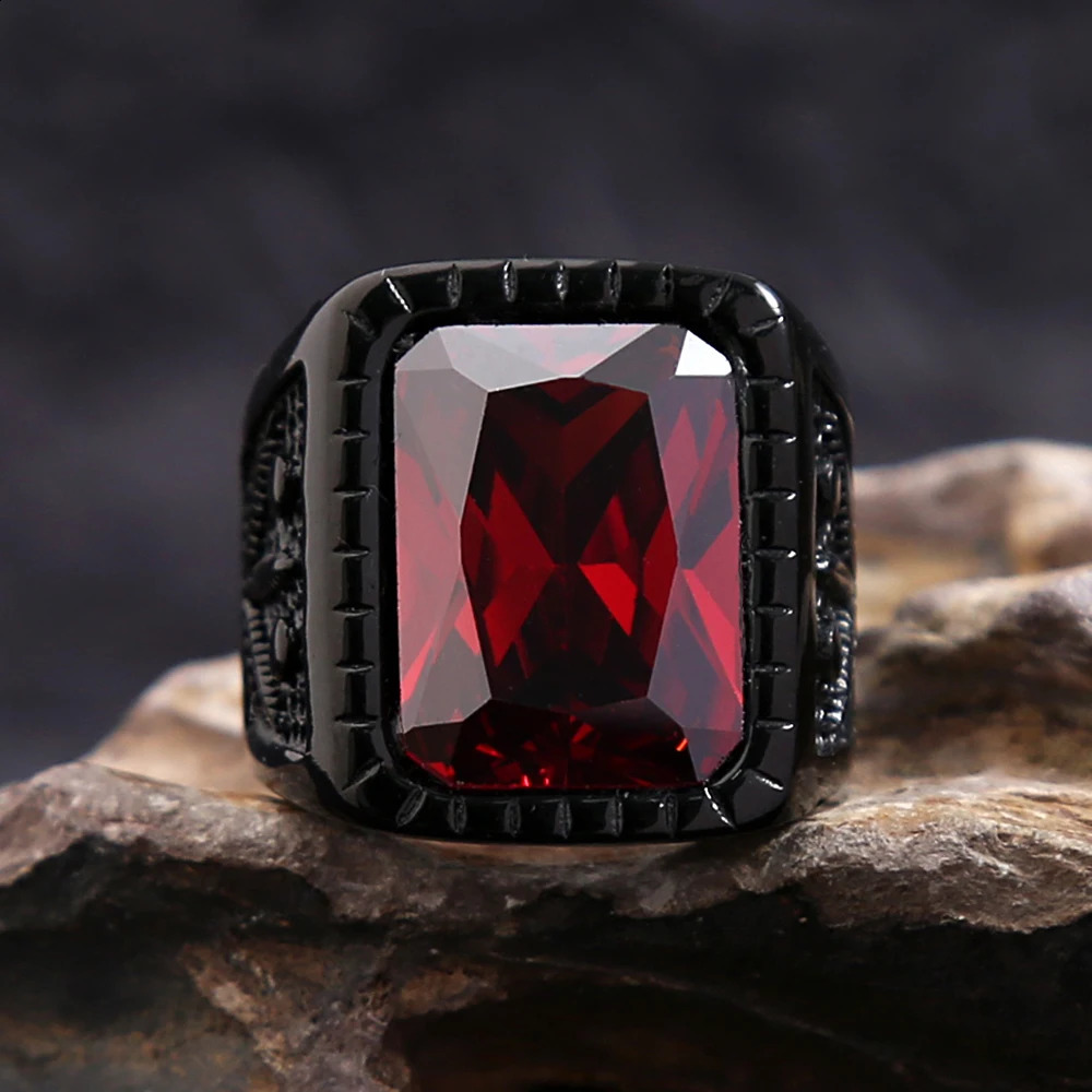 Fashion stainless steel natural redstone square ring punk bicycle black leaf shaped ring mens party jewelry gift wholesale 240905