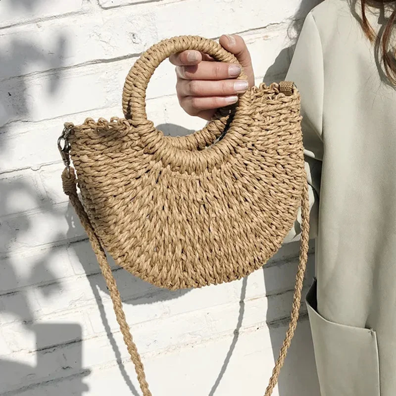 Summer Simple Handheld Straw Woven Bag Womens Personalized Solid Color Half Round Shoulder Crossbody Travel Vacation 240905