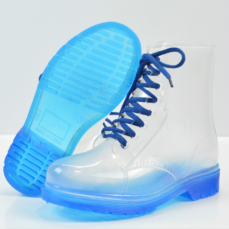 Ankle Rain Boots Platform Lace Up Transparent Waterproof Rain Shoes Motorcycle Candy Colors Rainboots Fashion Woman Shoes
