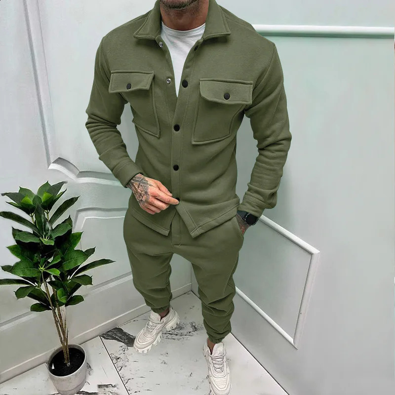 Mens jacket cargo pants set with pocket buttons spring and autumn blue track suit highquality solid color mens fashion 2piece 240903