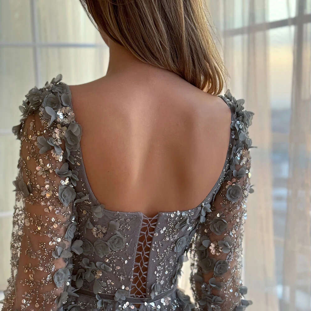 3D wer Gray Long Sleeves Evening Dresses for Women Party Elegant Beaded A-e Formal Prom Maxi Gowns Gala