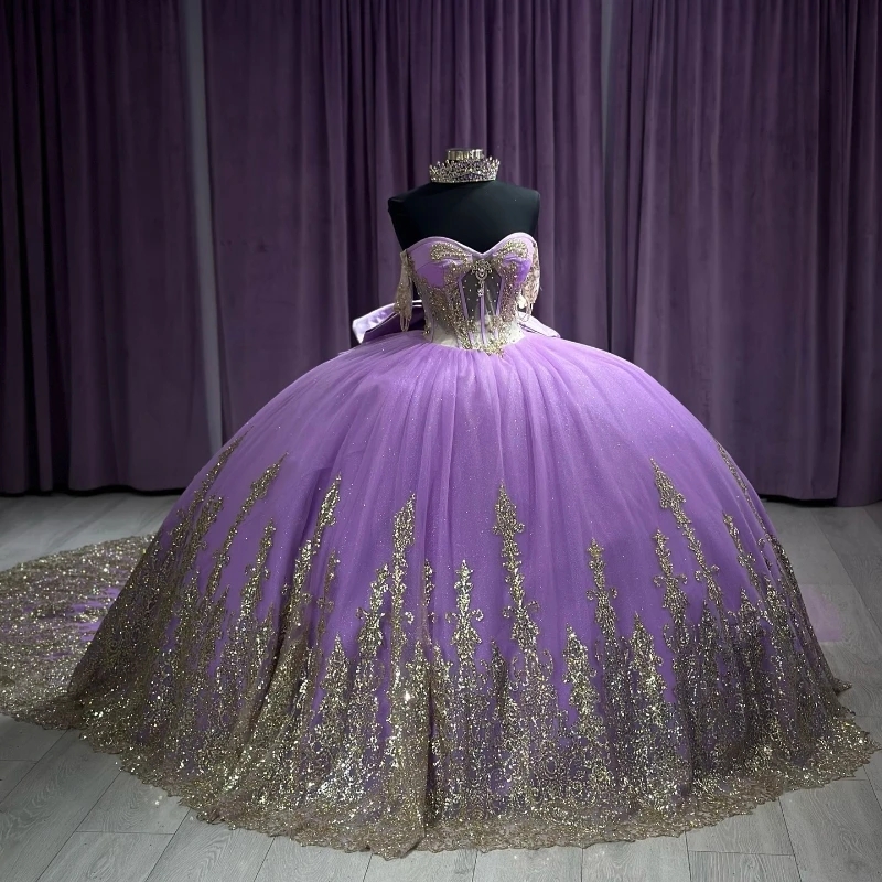 Purple Sparkly Quinceanera Dresses Ball Gown 2024 Off Shoulder Gold Applique Beads Bow Corset Vestido 15 anos Lace-up Sweet 16