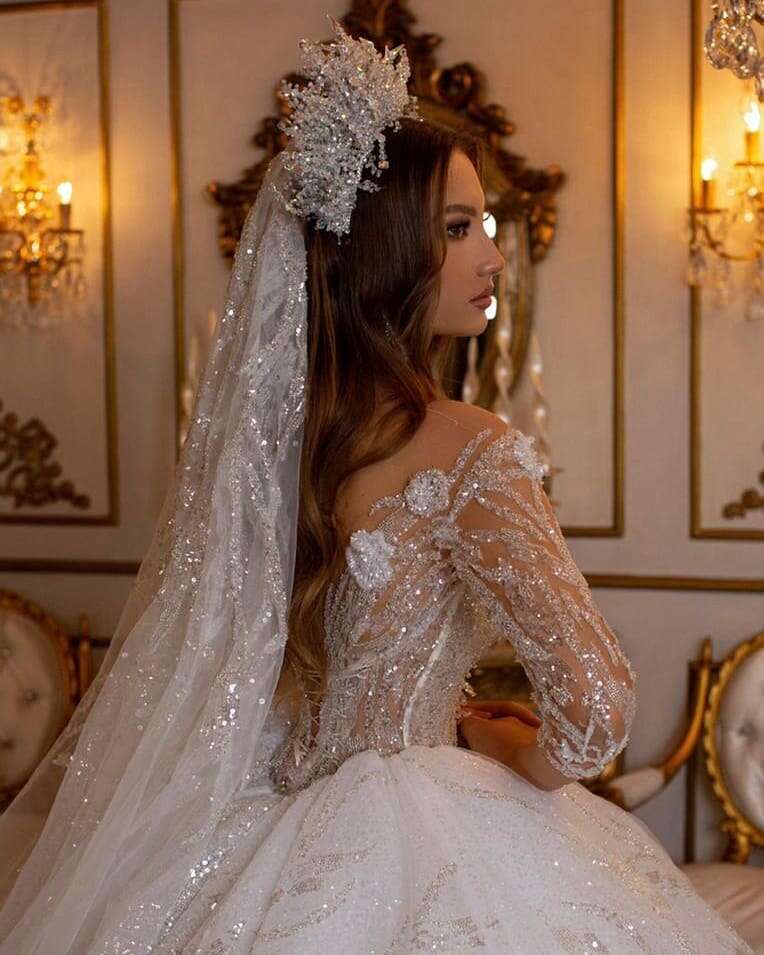 Wedding FATAPAESE Princess Dresses Strapless Beading Illusion Sleeve Sweatheart Dress Fluffy Bride V Necke Gown