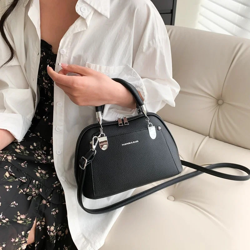 Lightweight y Litchi pattern solid PU sewing handbag highquality fashionable metal plate decoration womens shoulder bag 240903