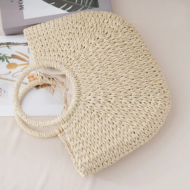 Summer Halfmoon Straw Bag For Women Handmade Portable Handbag Large Capacity Beach Basket Woven Tophandle Purse 241203