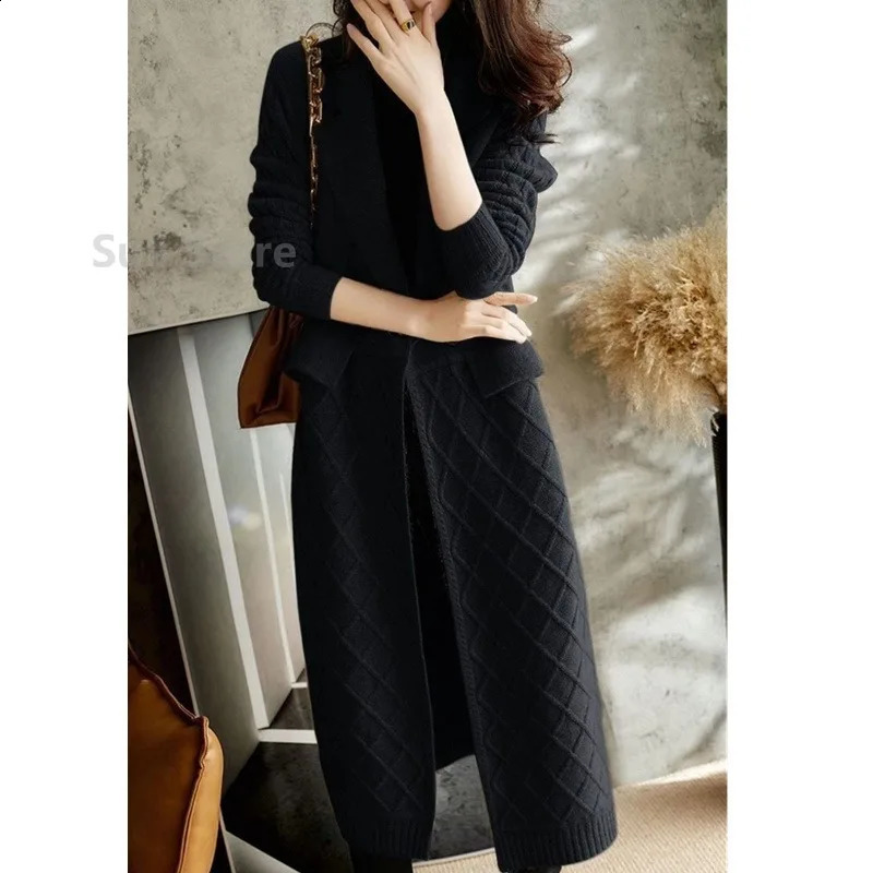 European long cashmere cardigan womens autumn and winter item knee slimming thick wool coat knitted sweater 240905