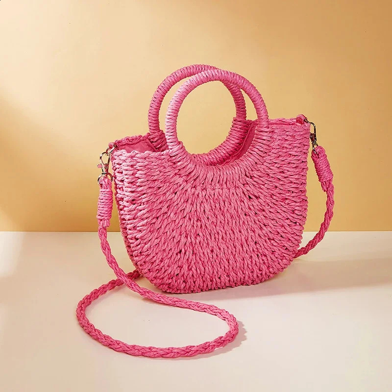 Summer Simple Handheld Straw Woven Bag Womens Personalized Solid Color Half Round Shoulder Crossbody Travel Vacation 240905