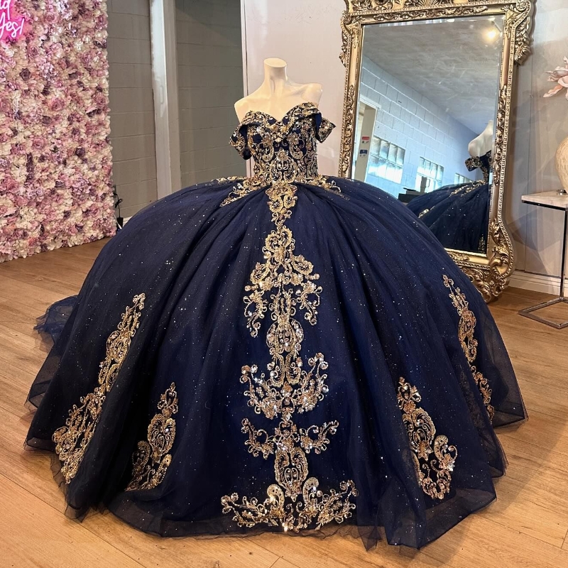 Navy Blue Shiny Quinceanera Ball Gown Off Shoulder Gold Lace Applique Beading Tiered Corset Sweet 16 Dress Vestidos De 15 Anos