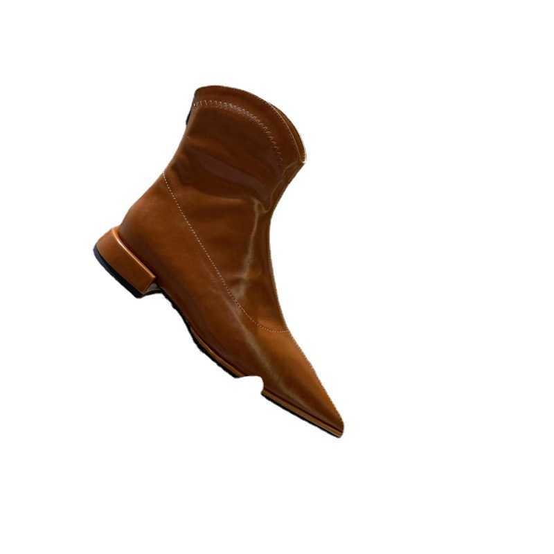 Sharp Pointed Flat Shoes Black Slimming Flat Bottom Short Ankle Boots Womens Spring Autumn Single Martin Boots Leather Boots Low Heeled Slim Boots 240
