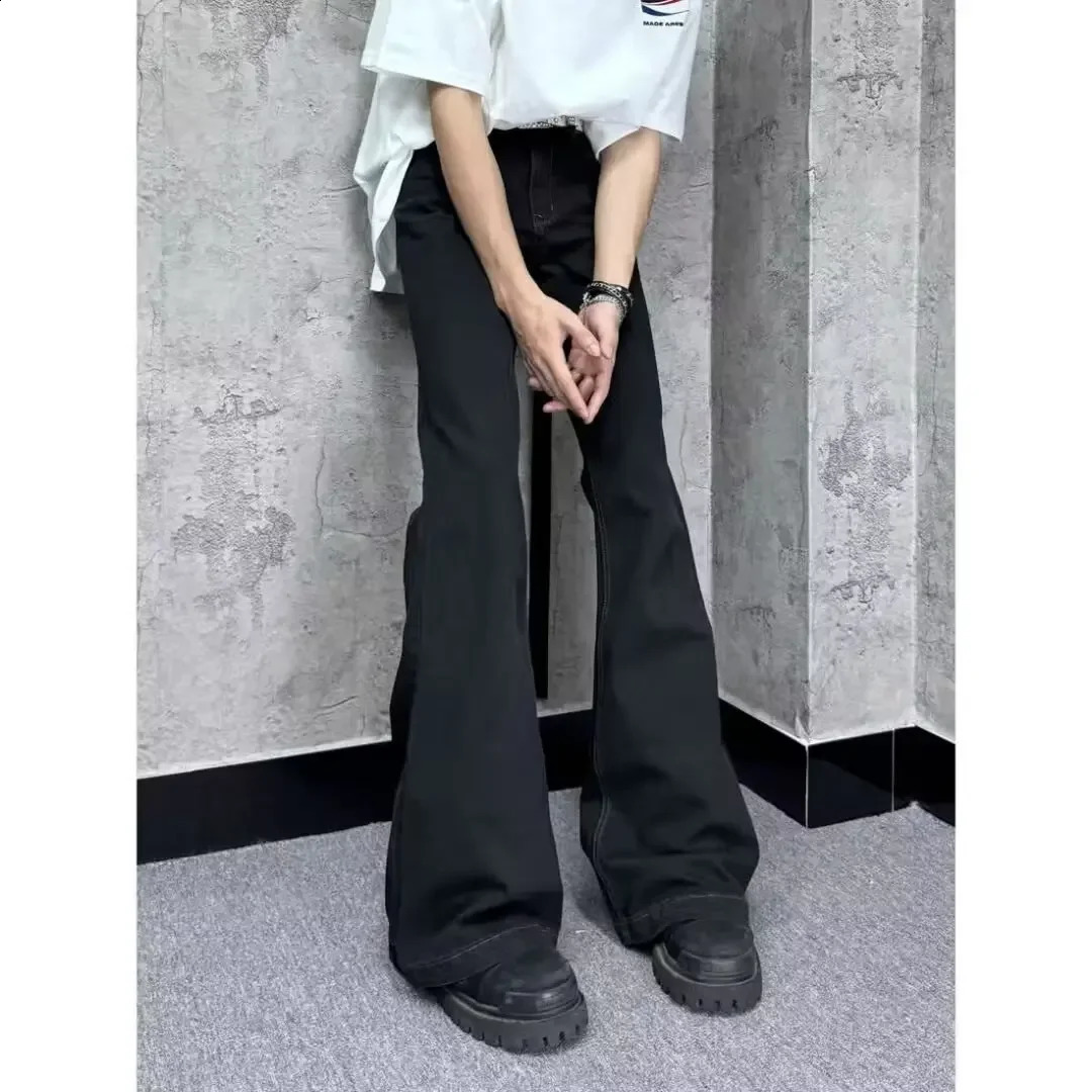 Autumn High Street Style American Style Elastic Waist Micro Flared Jeans Men Nichedull Black Floor Length Trouser 240905