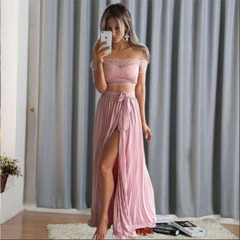 New Womens Solid Color Dress Womens Lace Skirt Two-piece Set
