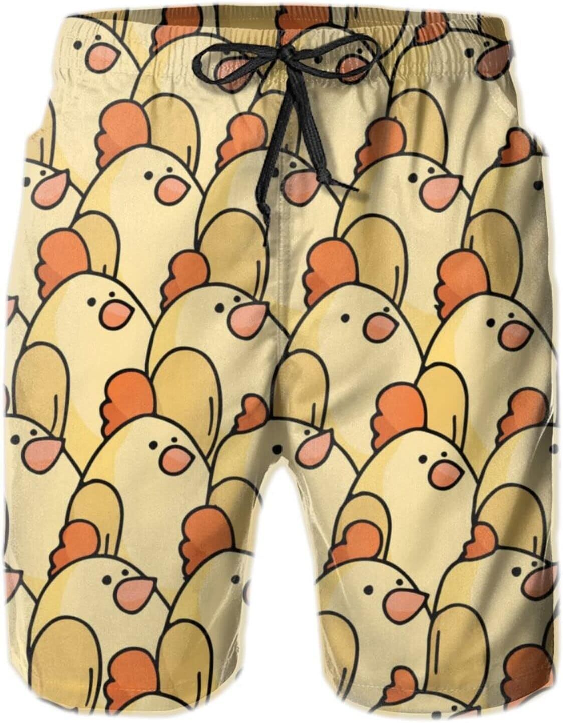 Mens Shorts 3D Printed Pattern Cute Chicken Swim Trunks Quick Dry Casual Beach Board Swimwear