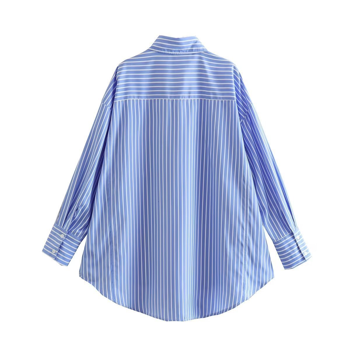 Spring New Womens Style 28 Pocket Decorative Lapel Long Sleeved Shirt Top 84 Blue and White Stripes