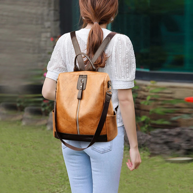 Vintage Pu Leather Backpack Shoulder Bags For Women Retro Large Capacity Student Knapsack High Quality Travel Rucksack 240905Z