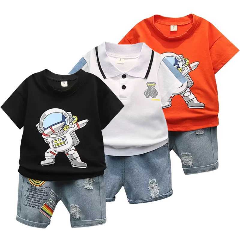 Summer new boy cartoon printed round neck T-shirt casual sports jeans short sleeved set 0-5 years old pure cotton baby set W240824