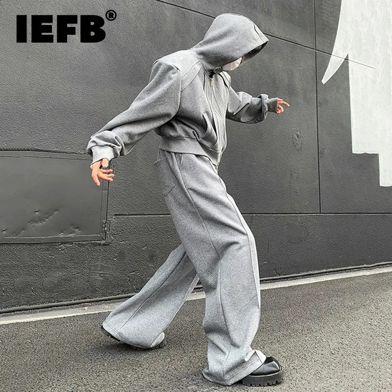 IEFB Sport Mens Suit Two-piece Zipper Shoulder Pad Short Hoodies Straight Sweatpants Loose Casual Male Set Fashion 9C7048 240902