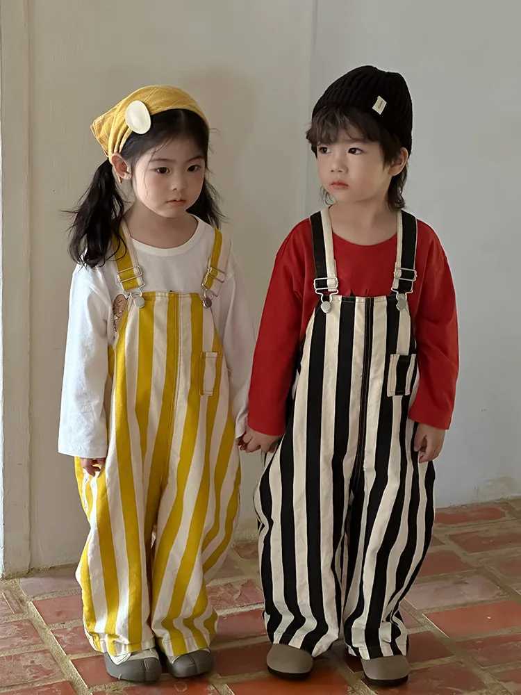 2024 Autumn New Children Striped Overalls Cotton Boys Girls Loose Versatile Strap Trousers Toddler Casual Pants Kids ClothesXJ240904