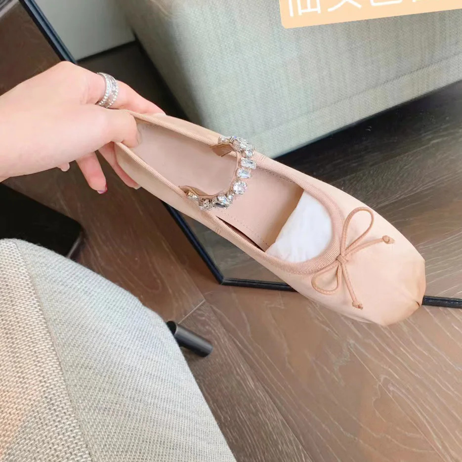 crystal band mary janes shoes woman bowtie silk ballet flats sweet pink dress shoes female rhinestone ankle strap loafers size43 240903