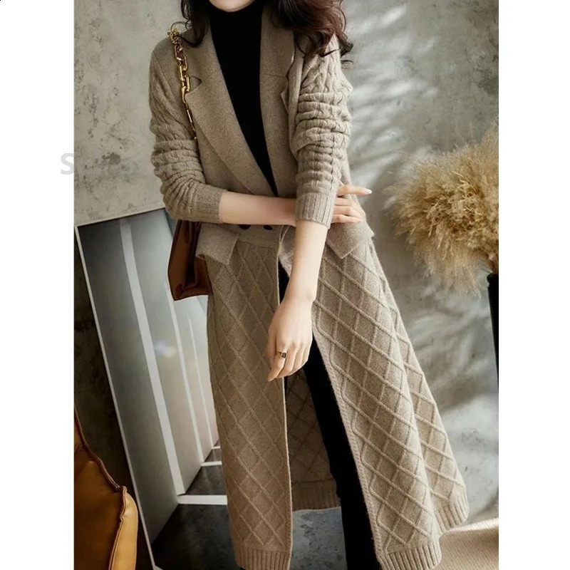 European long cashmere cardigan womens autumn and winter item knee slimming thick wool coat knitted sweater 240905
