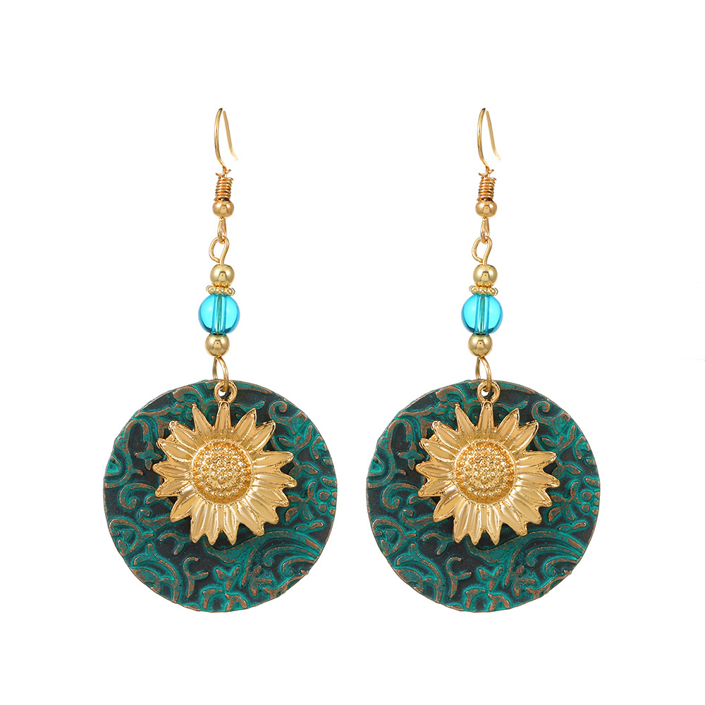 Elegant Two-Tone Sunflower Embroidery Dangly Earrings - Retro Bohemian Chic Accessory