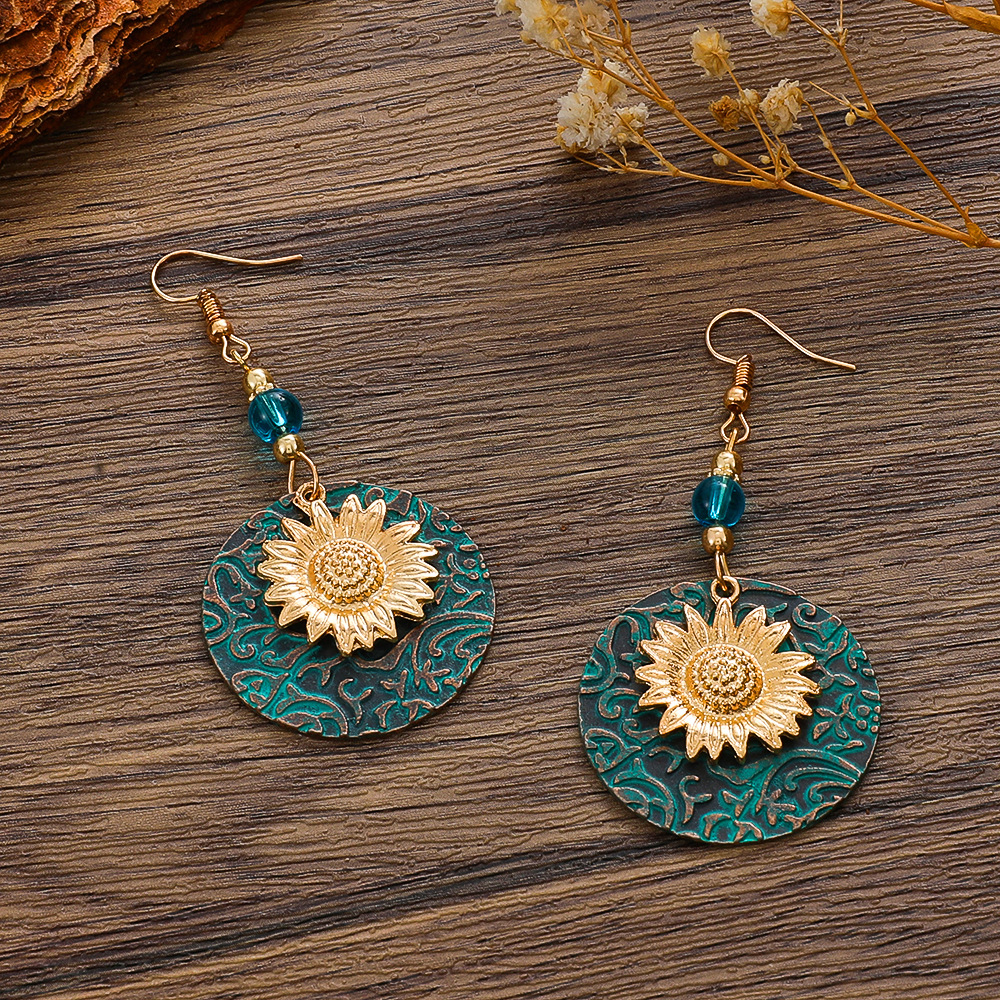 Elegant Two-Tone Sunflower Embroidery Dangly Earrings - Retro Bohemian Chic Accessory