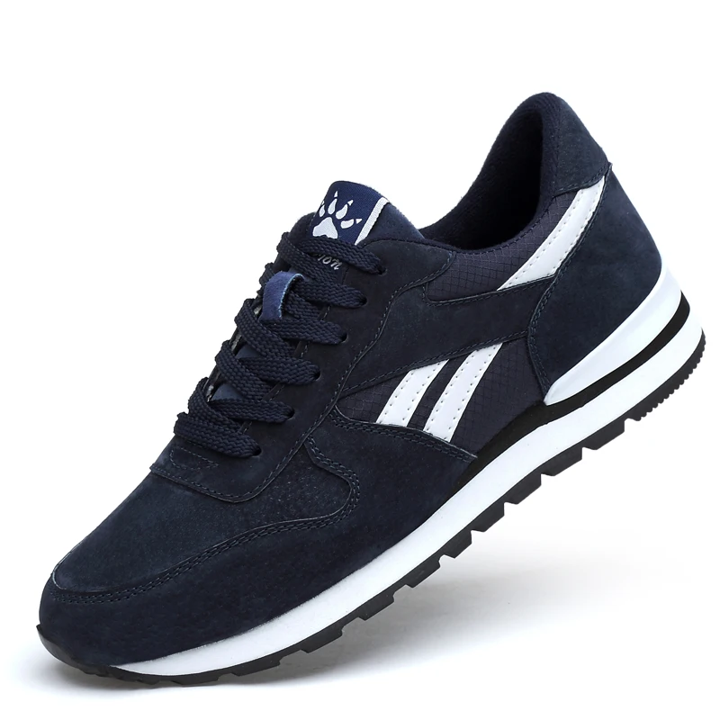 Autumn Men Sneakers Natural Pig Skin Material Male Trainers Outdoor Stylish Shoes Lace-Up Flats Non-Slip Rubber Sole Blue Grey 906