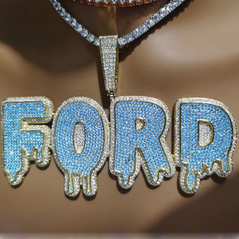 Hip Hop Custom A-Z WaterDrop Letters Pendant Necklaces Blue Zircon 18k Gold Plated Jewelry