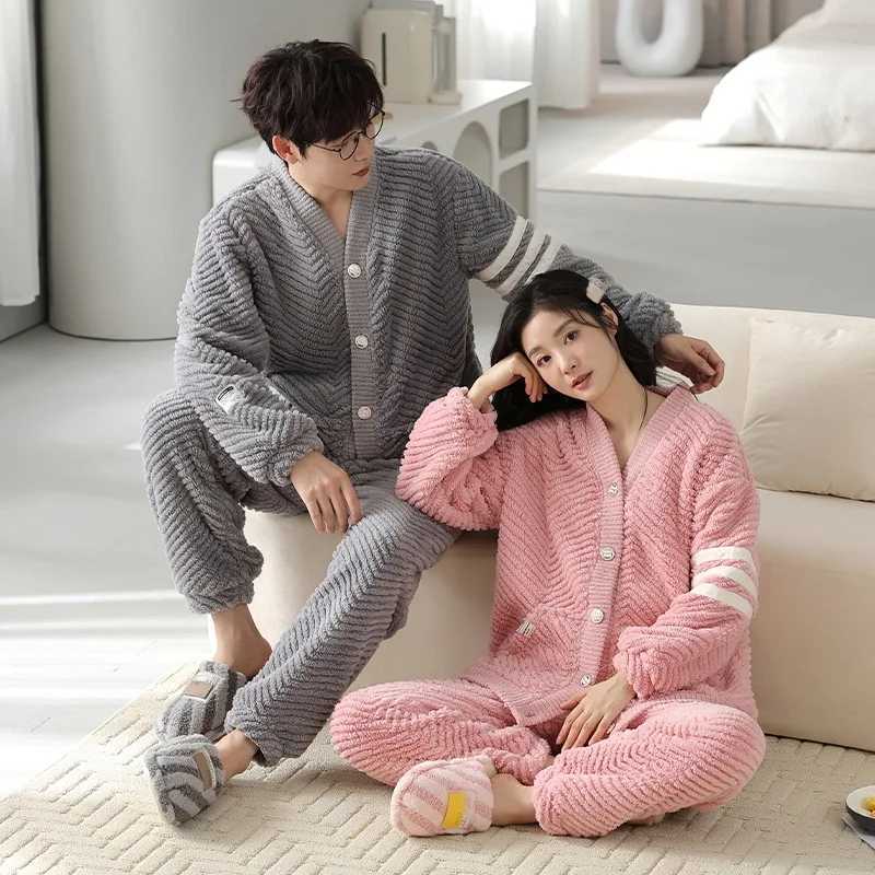 Couples Pajamas Sets Women Men Winter Flannel Thicken Pyjamas Sleepwear Cartoon Korean 2 Piece Homewear Soft Warm Pijama M240905