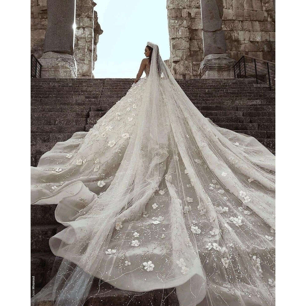 Vestidos De Novia 2023 Arabic Beaded Lace Dress Long Sleeve 3D Ral Wedding Bridal Gowns Robe De Mariee 0228Lz