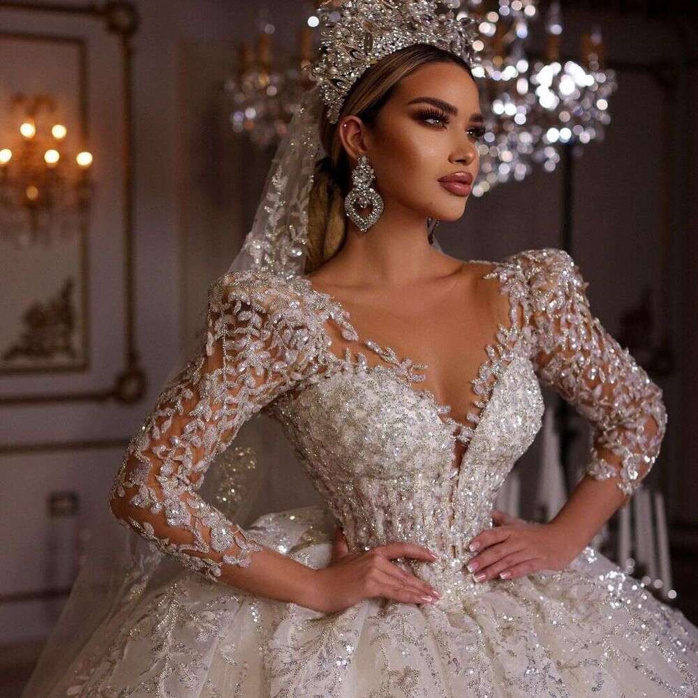 Wedding FATAPAESE Dress Princess Dresses V Neck Beading Illusion Ral Sleeve Sparkly Crystal Fluffy Skirt Bride Gown Es