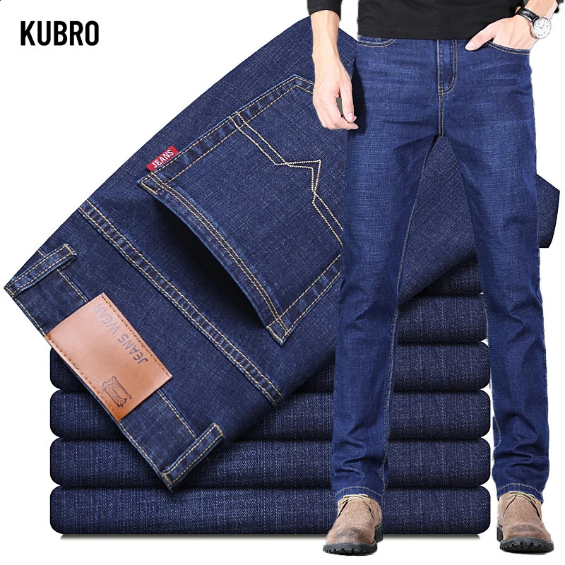 KUBRO mens thick winter pants straight blue jeans pockets casual work denim high elasticity wide leg selling 240905