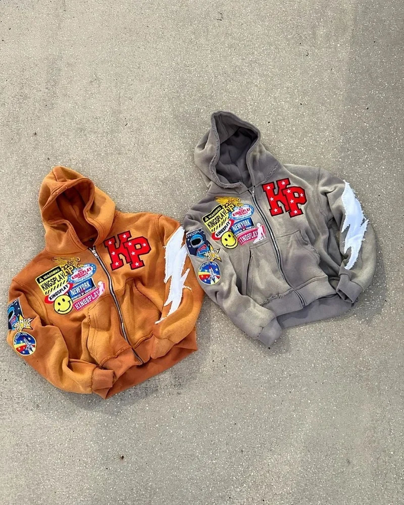 Y2k Hip Hop Alphabet Embroidered Oversized Sweatshirt Mens Gothic Fashion Retro Trendy Street Harajuku Zipper Hoodie Womens 240904