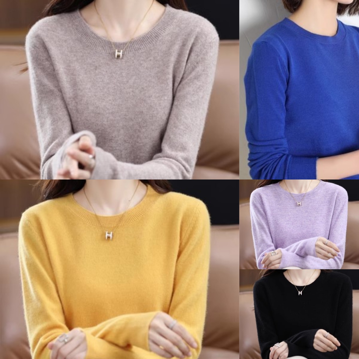 Women's Cashmere Wool Knitted Pullover Sweater Crew Neck Elegant Long Sleeve Casual Jumper For Autumn Winter B4