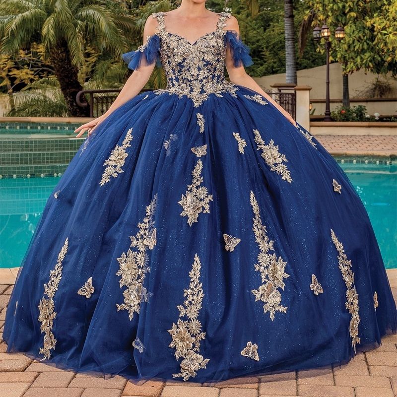 Navy Blue Princess Quinceanera Dresses Off Shoulder Gold Lace Applique Bow Corset Sweet 16 Birthday Party Vestido 15 De Anos