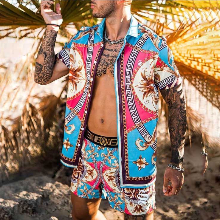 2024 Men Tracksuits Summer Shirts+Shorts Men Clothing Color Stitching Print Shirt Suit Casual Loose Shorts Beach Short Sleeve Set Bohemian blouse shor