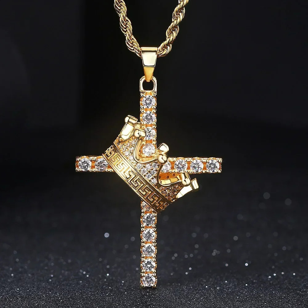 Y2K Hip-hop Cross Men Women Stainless Steel Fashion Gold Crown Zircon Pendant Light Necklace Jewelry Gift 240902