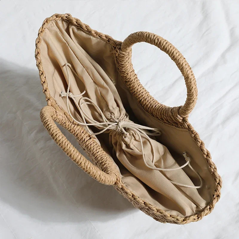 Summer Halfmoon Straw Bag For Women Handmade Portable Handbag Large Capacity Beach Basket Woven Tophandle Purse 241203