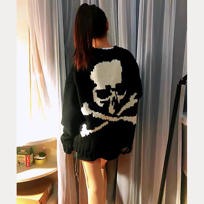 Skull Print Loose Knit Wool Sweater | Men's Streetwear Sweaters