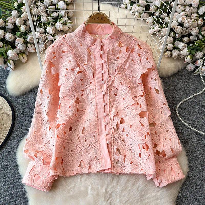 Lace Hollow Out Blouses For Women - Fashionable Solid Color Stand Collar Long Sleeve Tops
