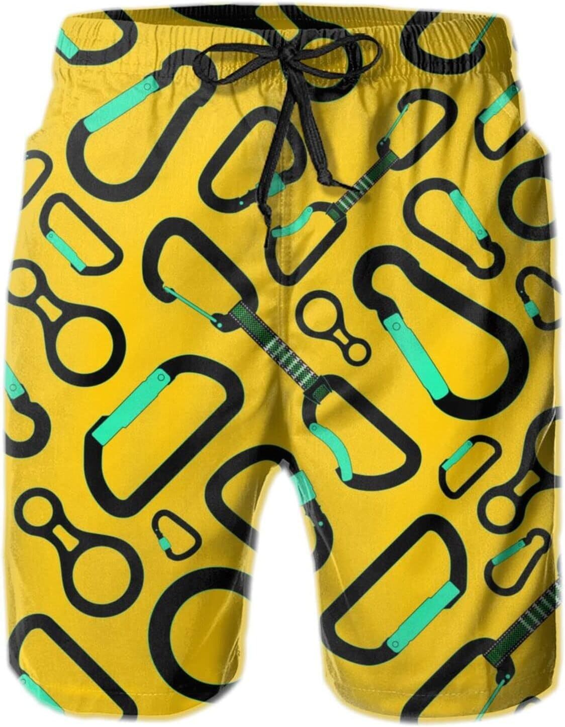 Mens Shorts 3D Printed Pattern Yellow Carabiner Swim Trunks Quick Dry Stylish Beach Board Swimwear