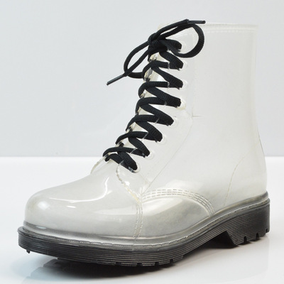 new Fashion Women Transparent Rain Boots Rubber Lace Up Women Ankle Boots Waterproof Casual Comfort Ladies Boots Shoes