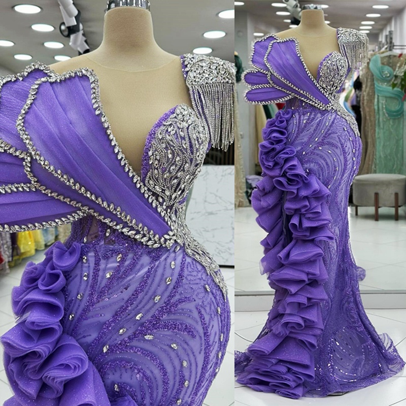 2025 Plus Size Purple Prom Evening Dresses Illusion Mermaid Promdress One Shoulder Beaded Lace Rhie Tassel Birthday Dress Second Reception Gown