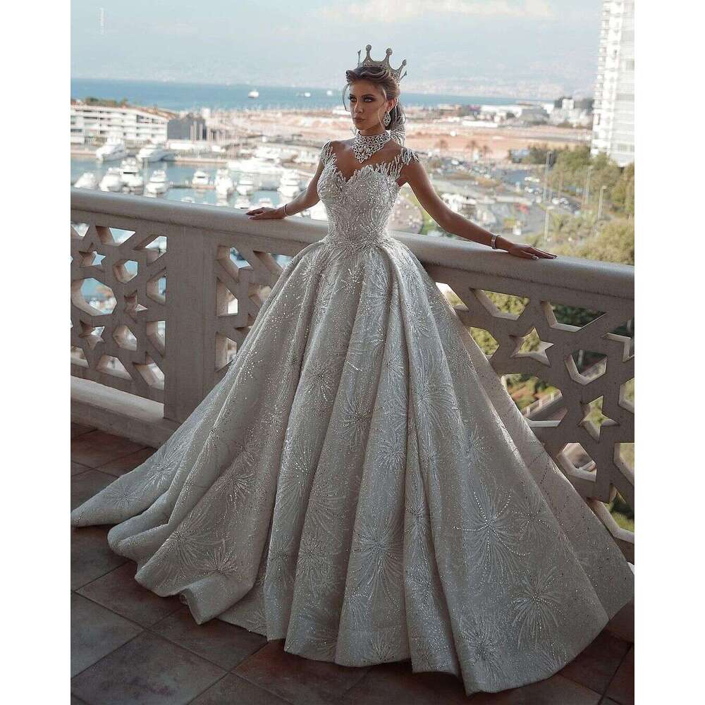 FATAPAESE Wedding Princess Dresses Glitter Beading Illusion Sleeve Sweatheart Sparkly Dress Fluffy Bride Ball Gown