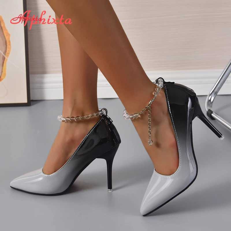 High Quality Aphixta 10cm High Heels Gradient Transparent Bead Chain Pump Womens Shoes Patent Leather Ankle Strap Super Large 50 T241024